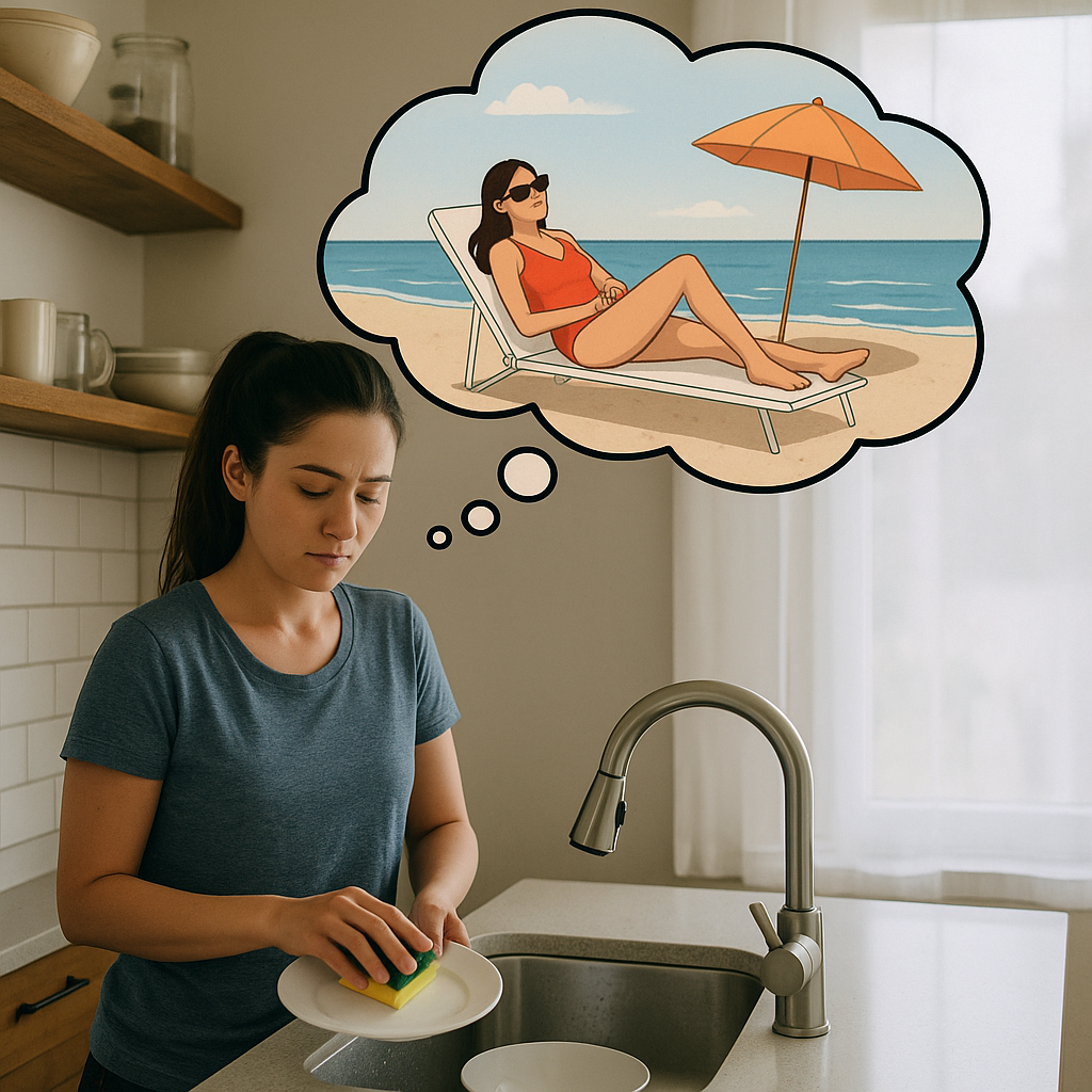 The Story of Being Addicted to Daydreaming Woman doing dishes thinking of being at the beach